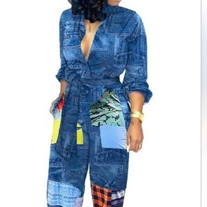 Long Sleeve Blue Denim Print  Jumpsuit Romper Size Large - Belt not included.